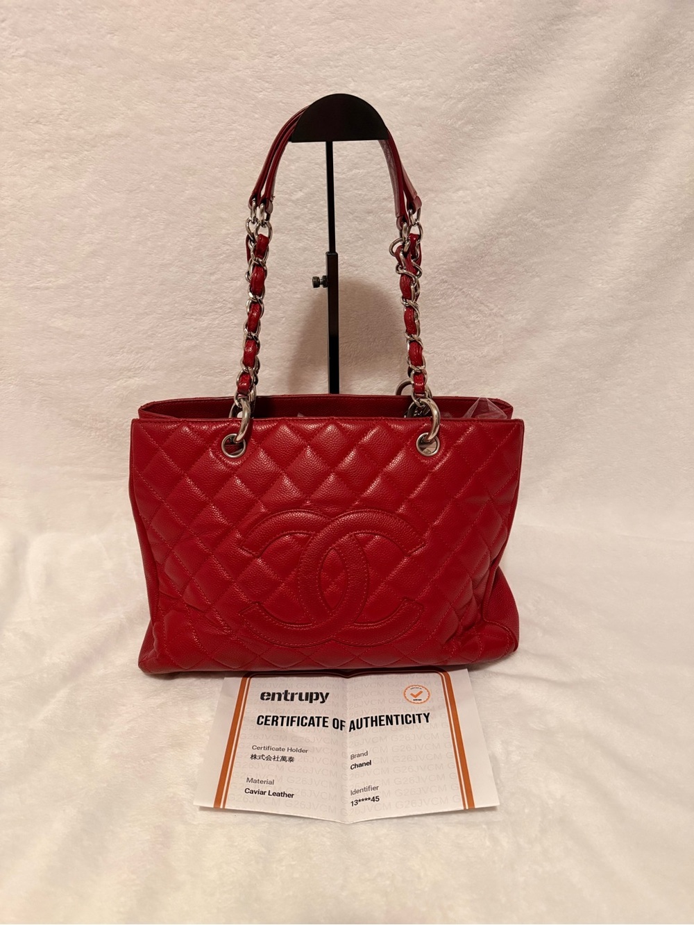 Chanel Grand Shopping Tote GST Red Quilted Caviar Leather w/ Entrupy COA